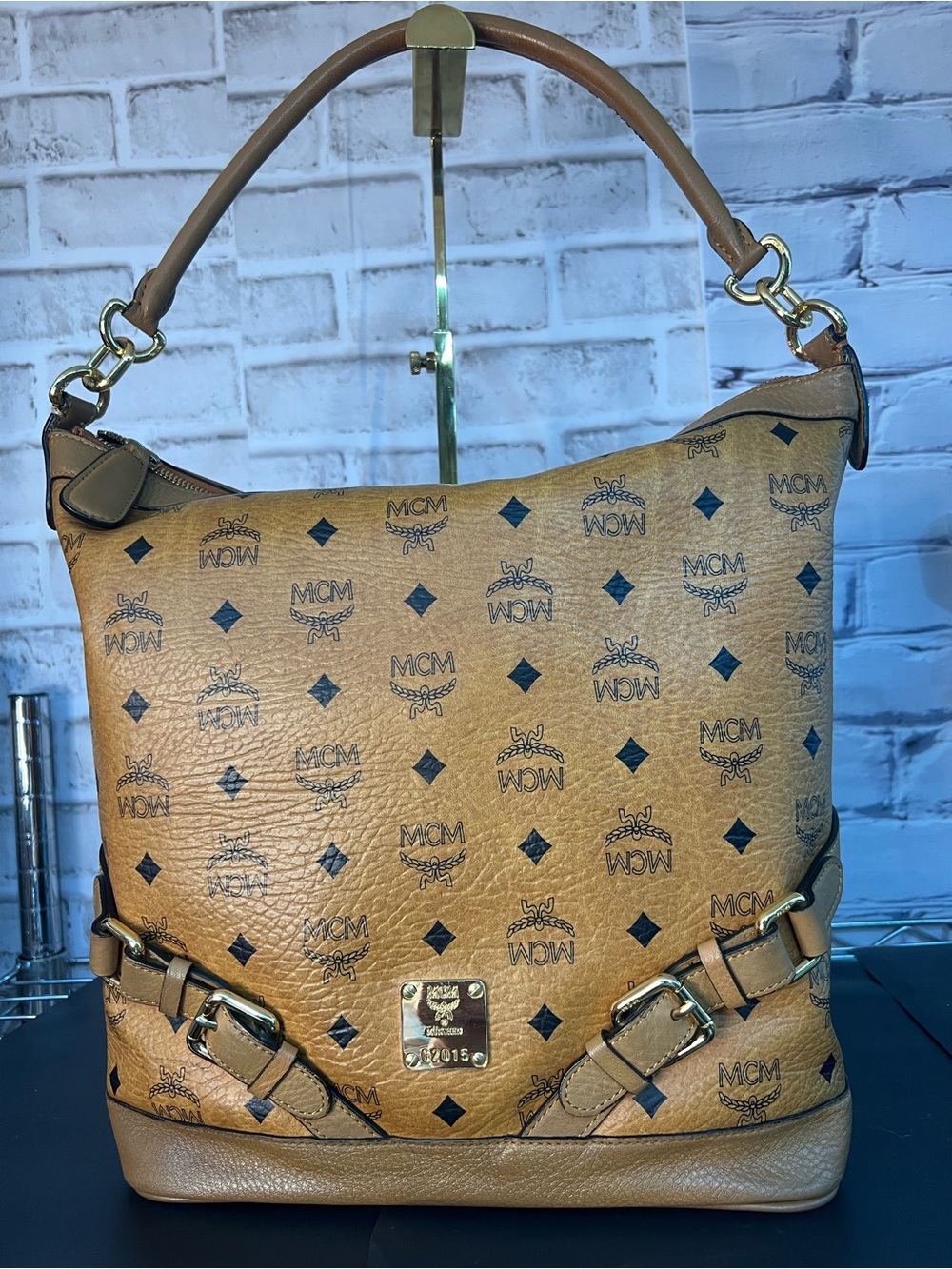MCM Cognac Visetos Monogram Hobo Shoulder Bag with Gold Hardware